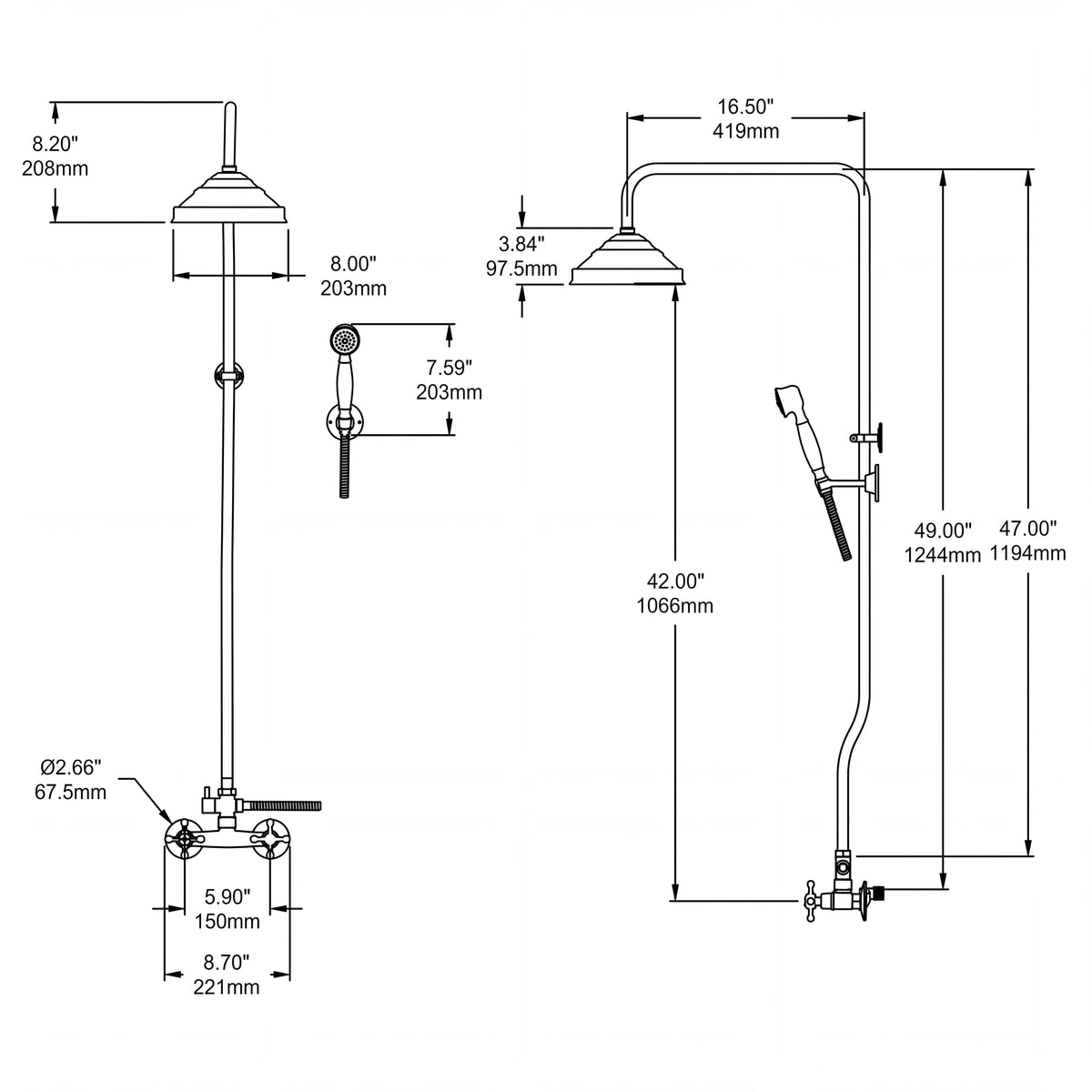 Sistema de ducha expuesto Kova technical document 1