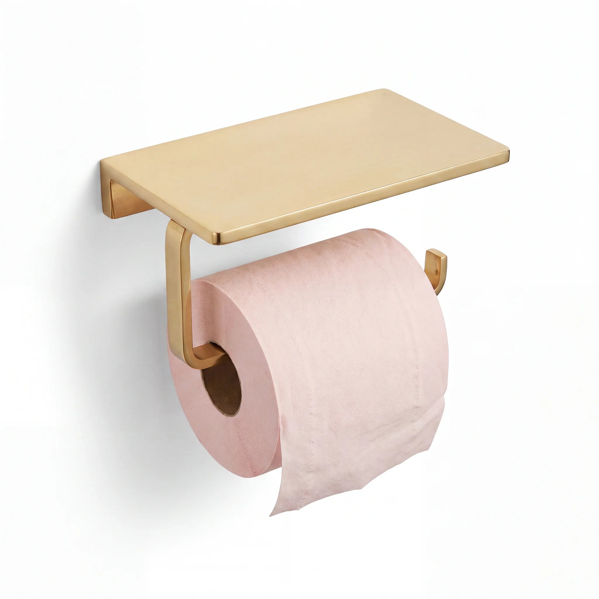 Solid Unlacquered Brass Toilet Paper Holder with Shelf