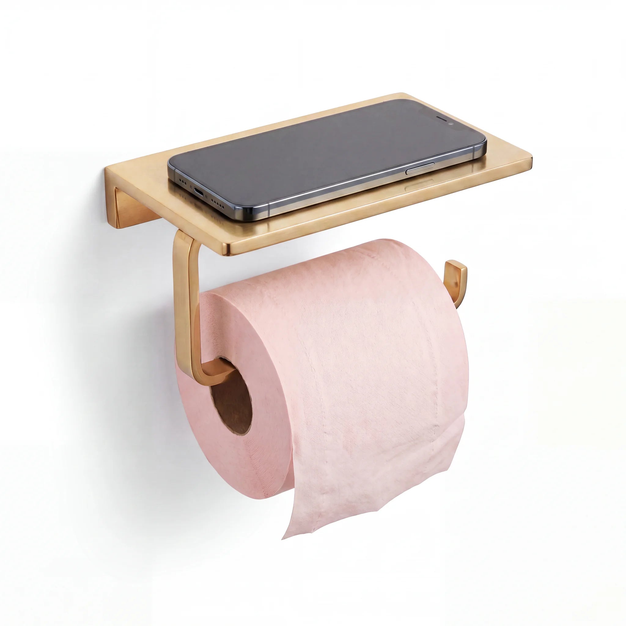 Solid Unlacquered Brass Toilet Paper Holder with Shelf