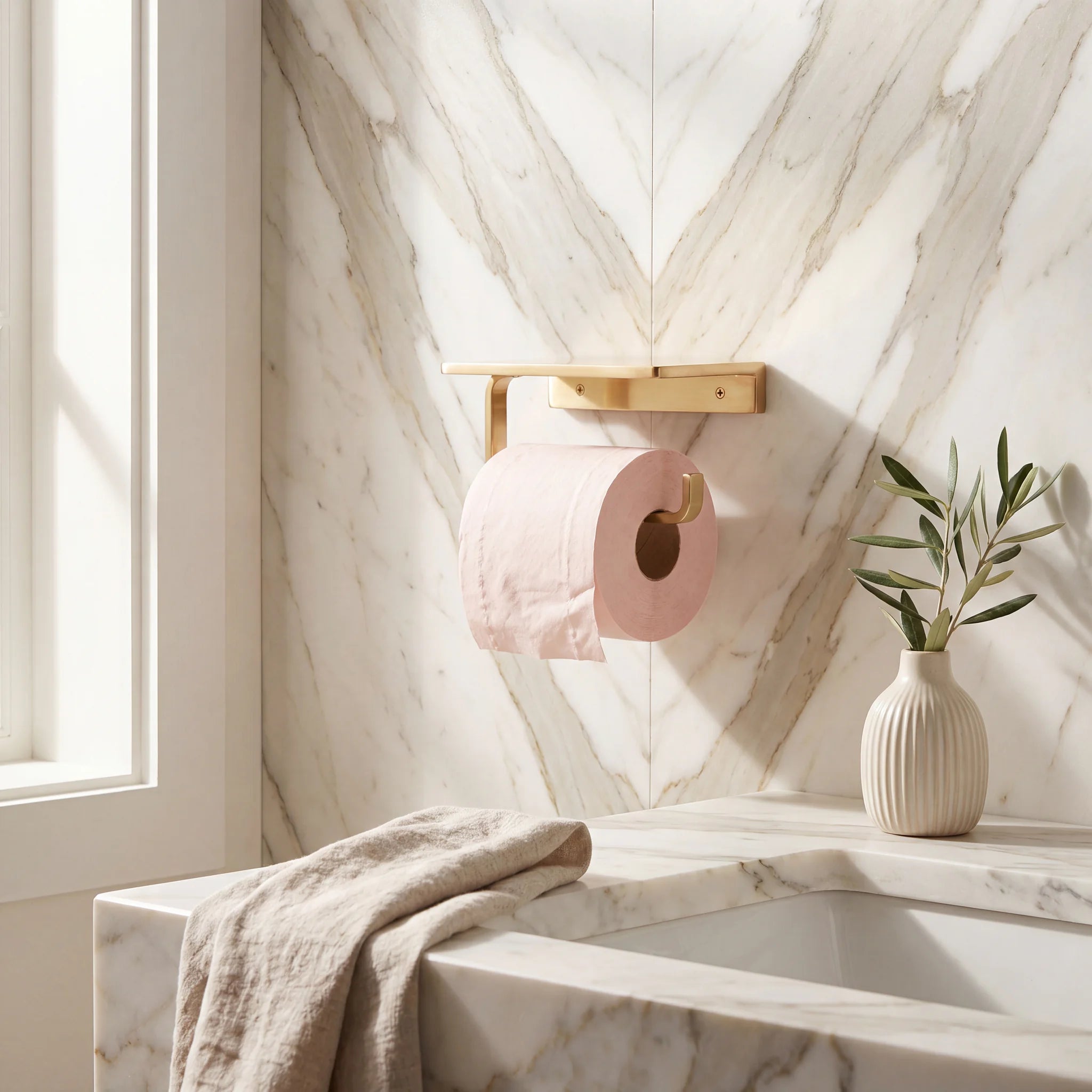 Solid Unlacquered Brass Toilet Paper Holder with Shelf