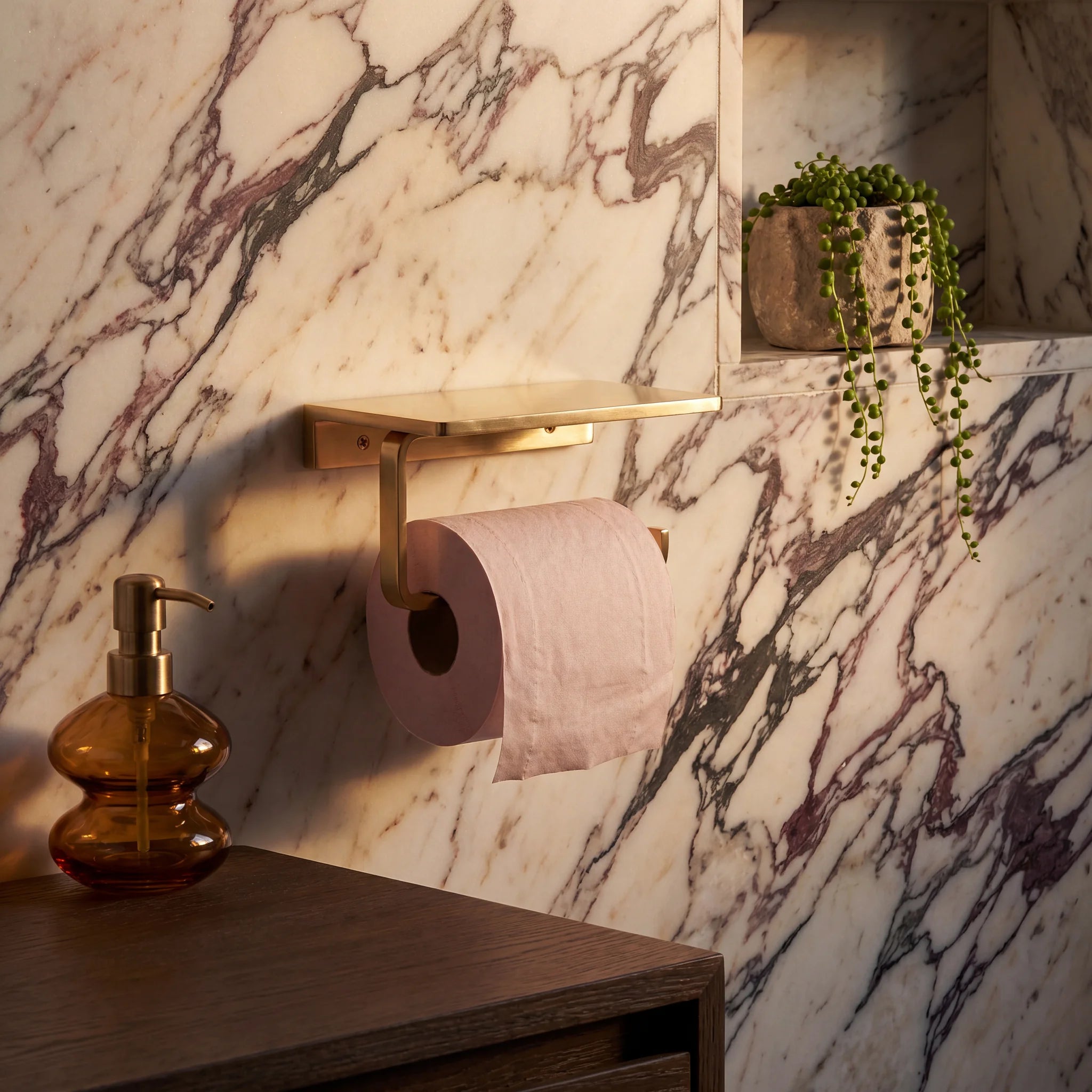 Solid Unlacquered Brass Toilet Paper Holder with Shelf