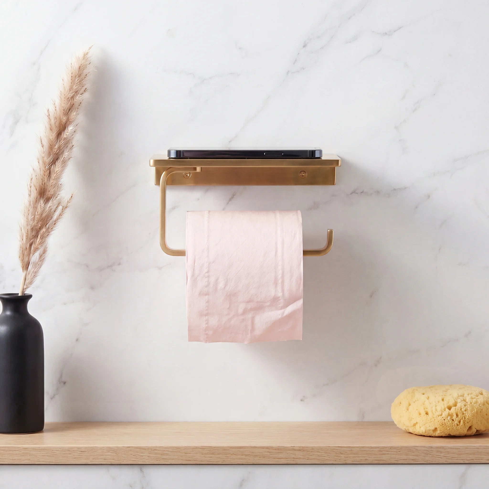 Solid Unlacquered Brass Toilet Paper Holder with Shelf