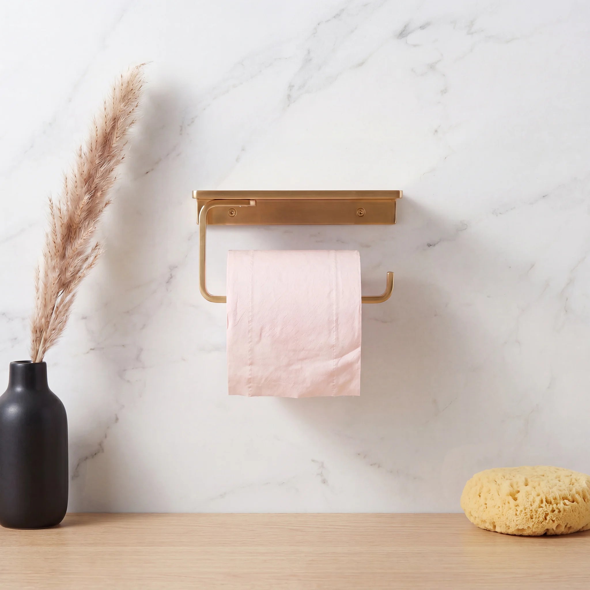 Solid Unlacquered Brass Toilet Paper Holder with Shelf