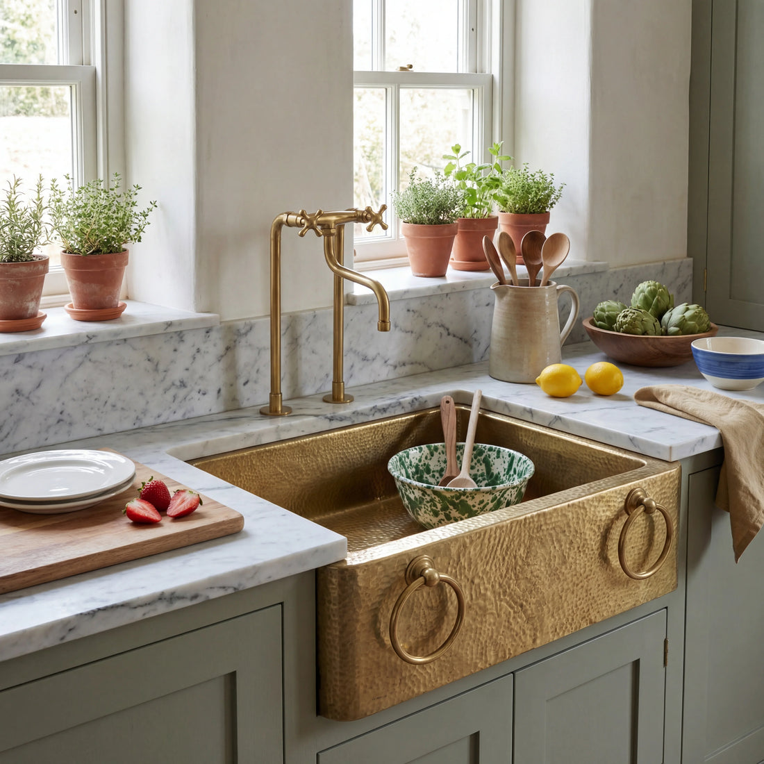 Kitchen with a large brass sink, marble countertop, and potted plants on the windowsill.
