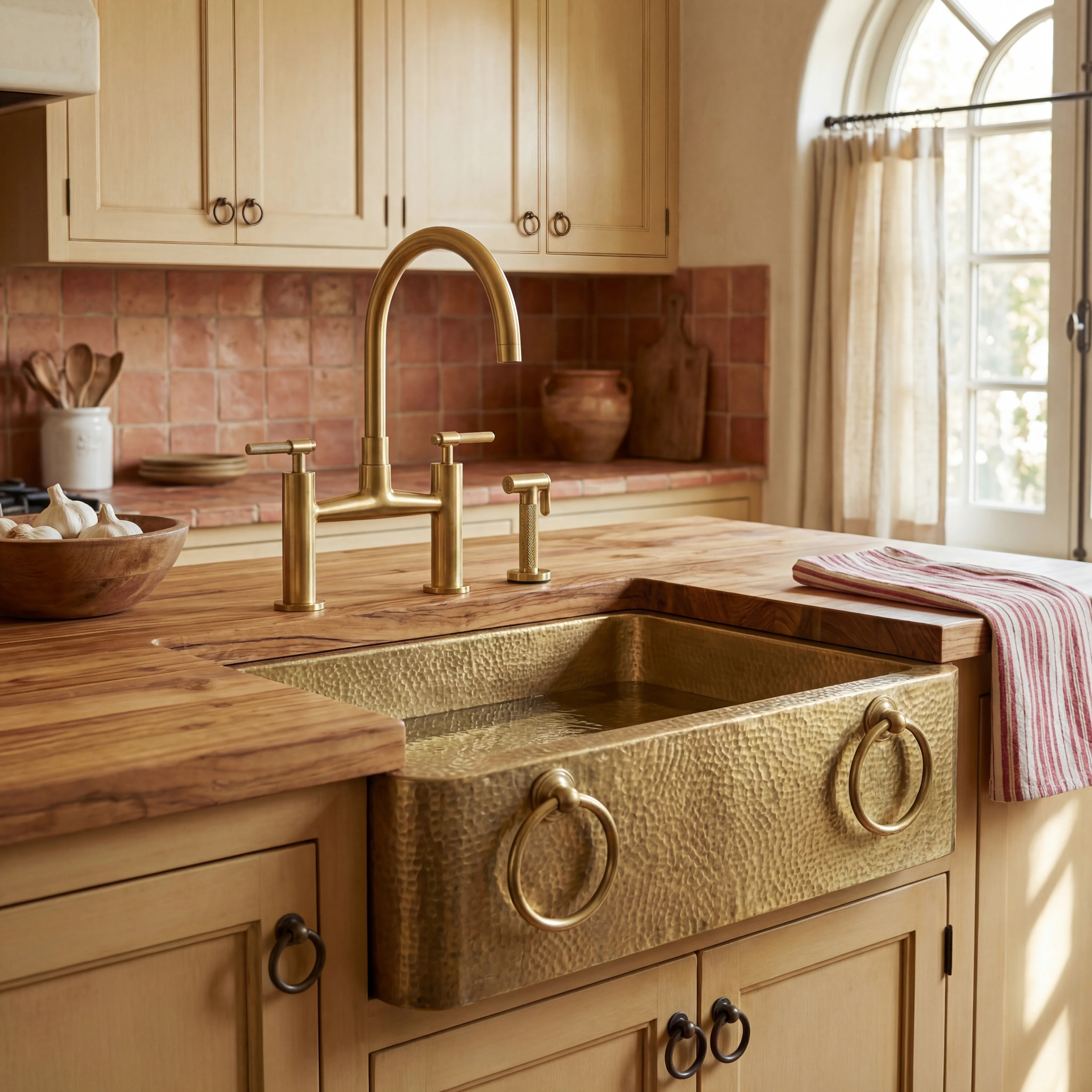 Brass Farmhouse Sink with Ring Handles