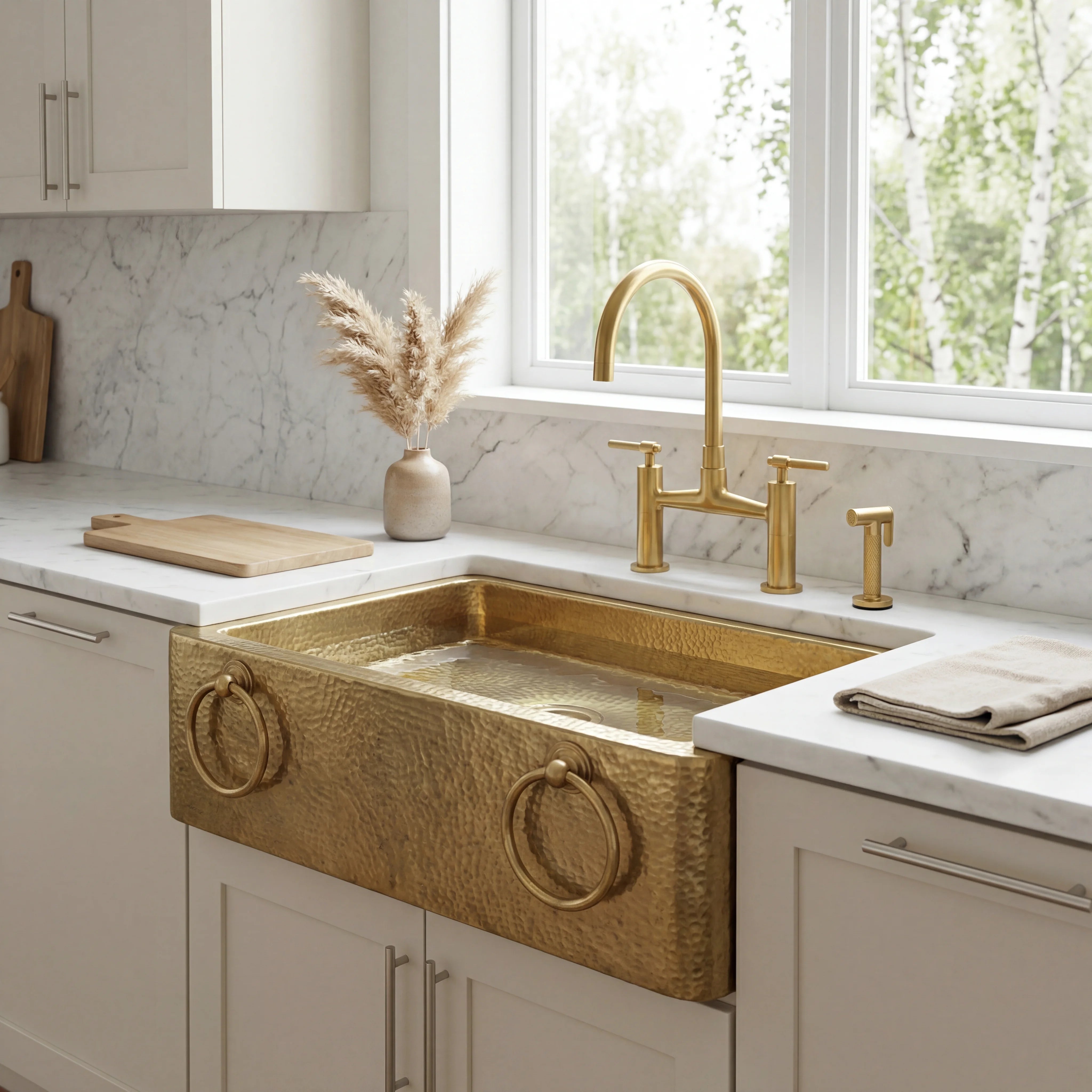 Brass Farmhouse Sink with Ring Handles