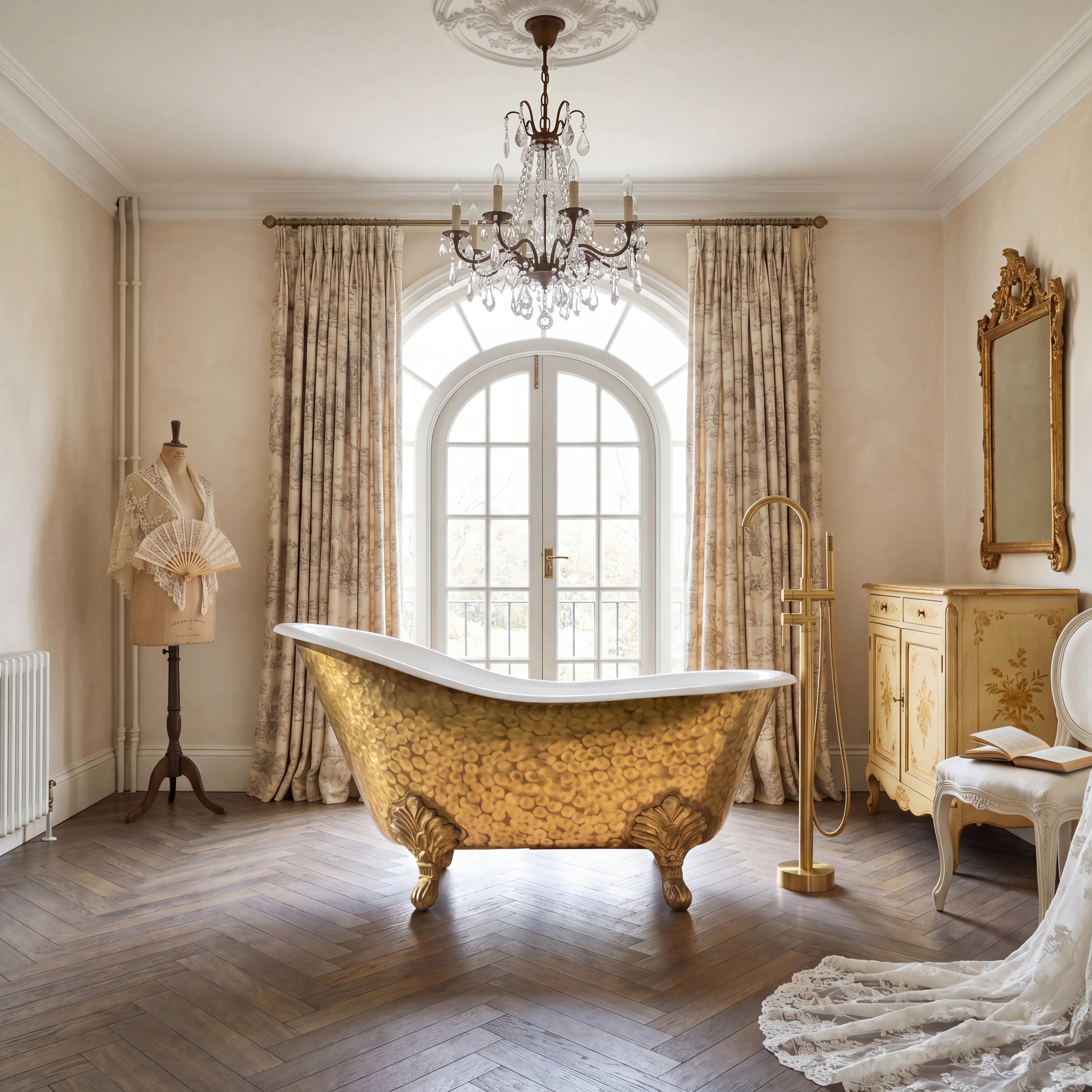 Brass Clawfoot Bathtub with White Interior