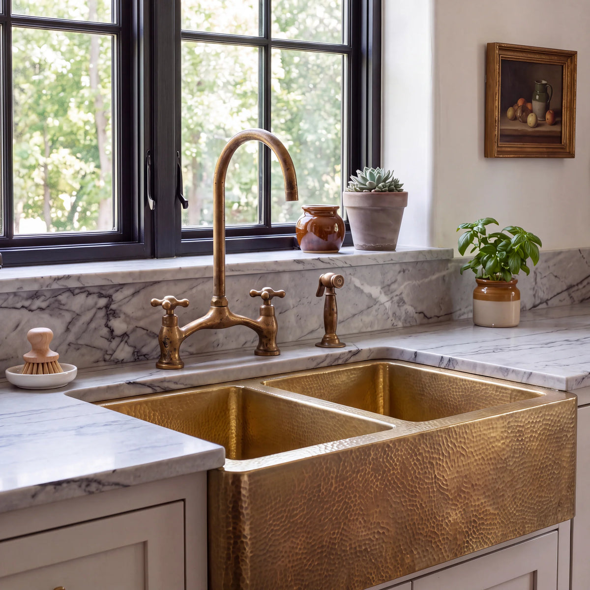Doppio Double Bowl Brass Farmhouse Sink