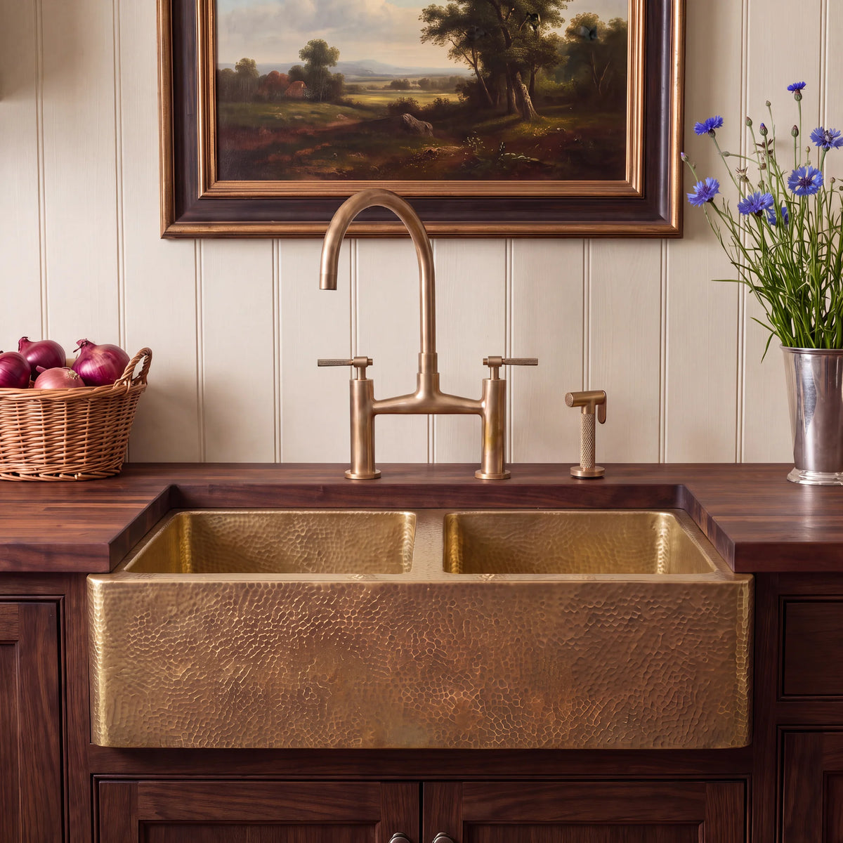 Doppio Double Bowl Brass Farmhouse Sink