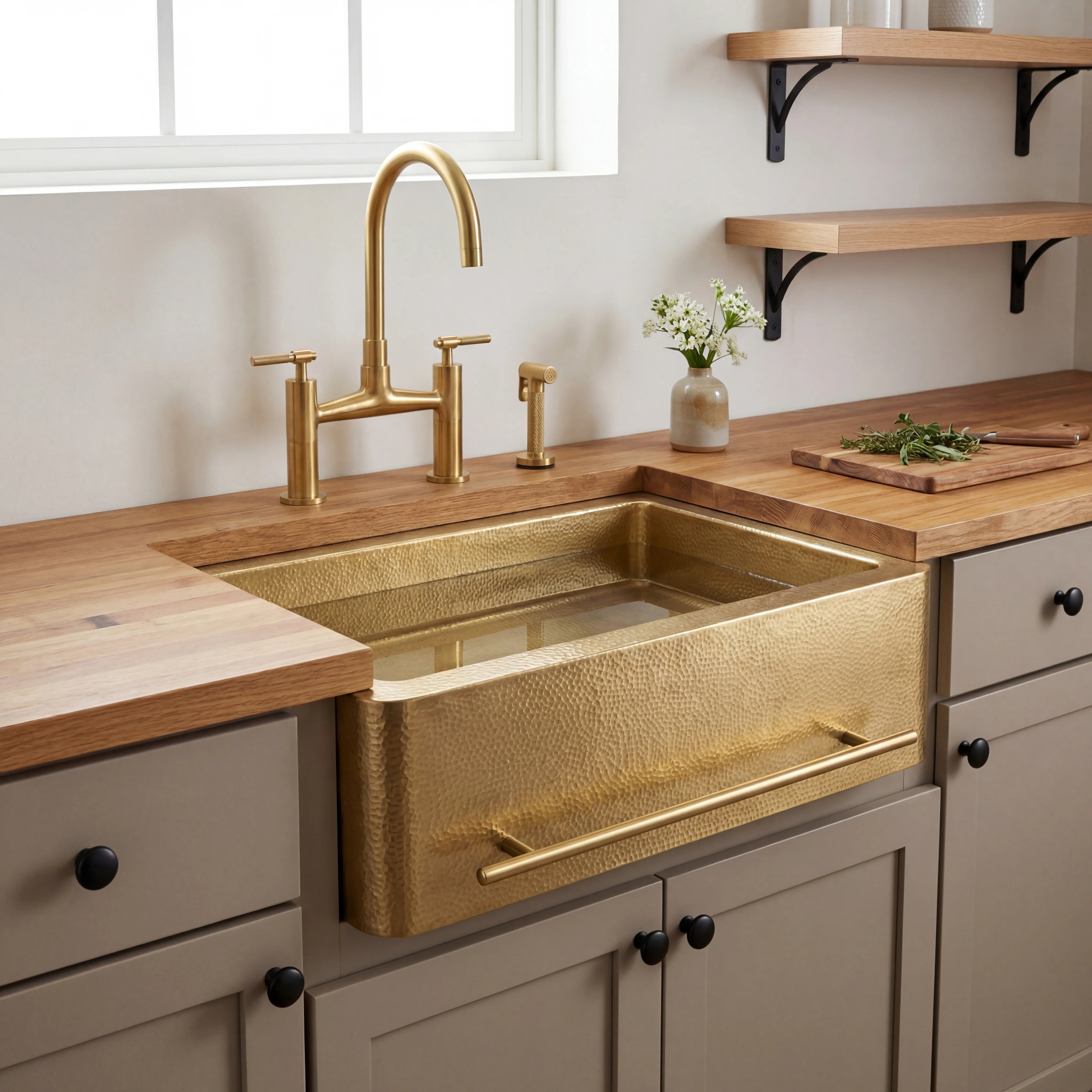 Brass Farmhouse Kitchen Sink with Towel Bar