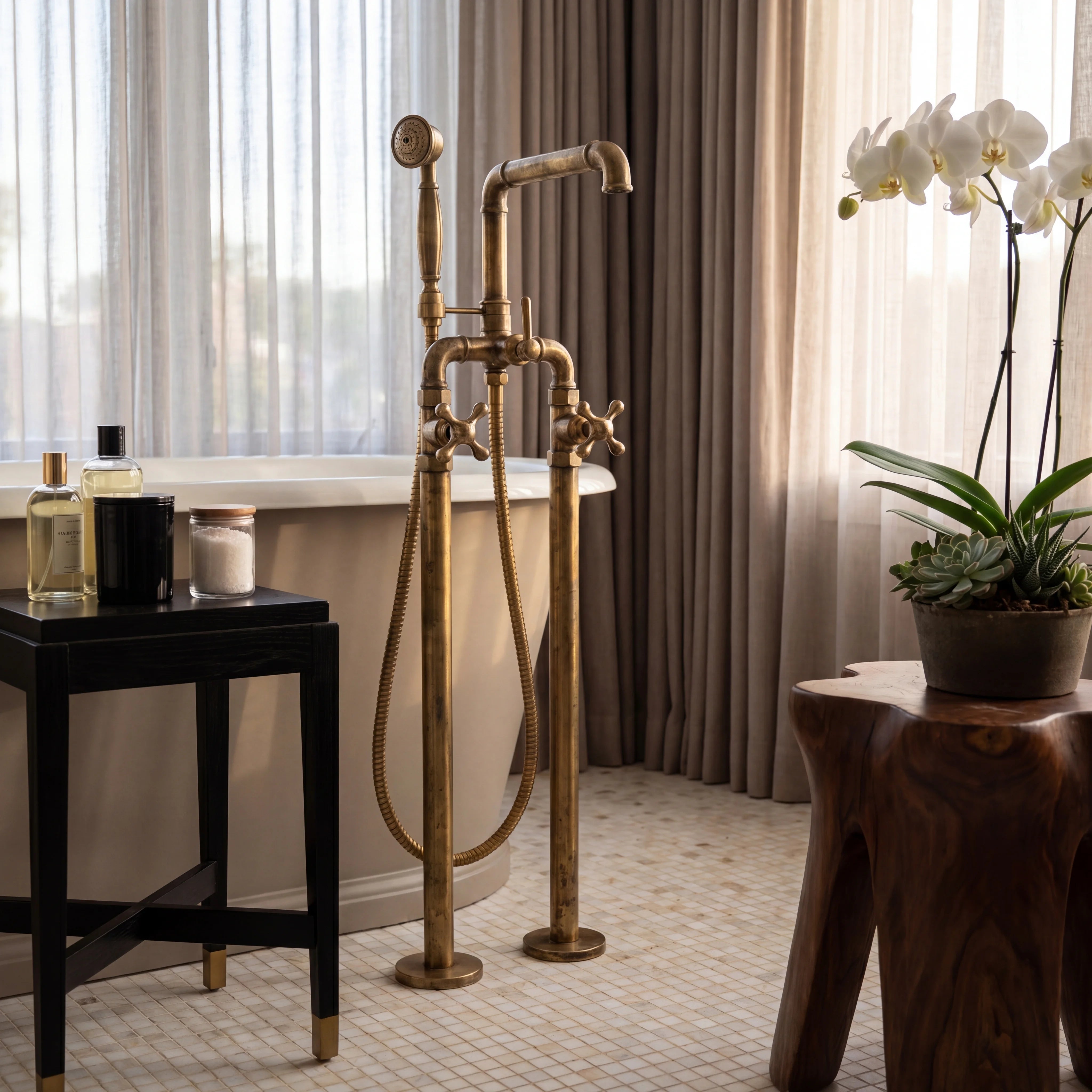 Pipe Brass Floor Mounted Tub Filler