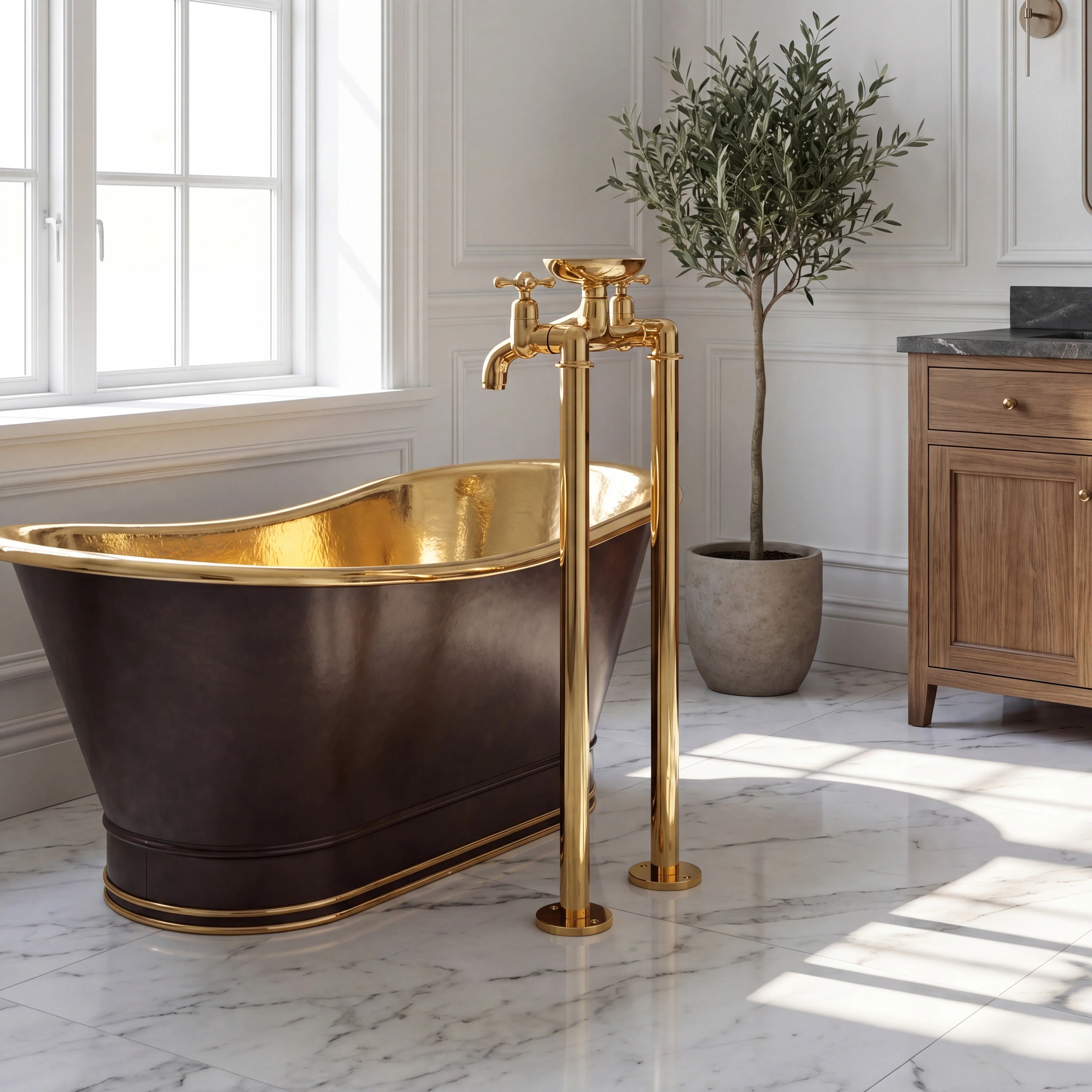 Savon Brass Floor Mounted Tub Filler with Soap Dish