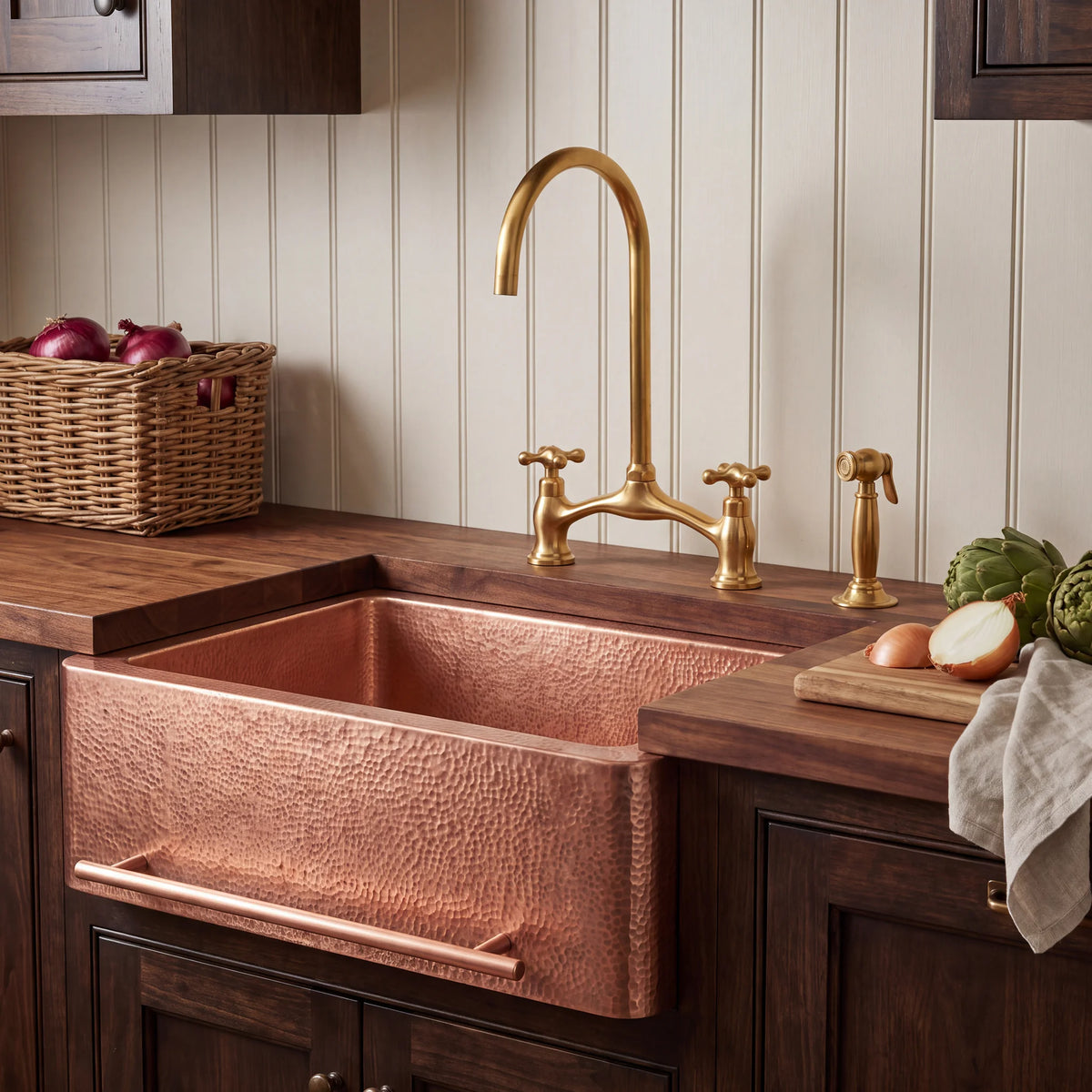 Rosa Copper Apron Sink with Towel Bar