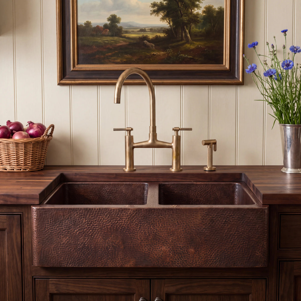 Doppio Double Bowl Copper Farmhouse Sink