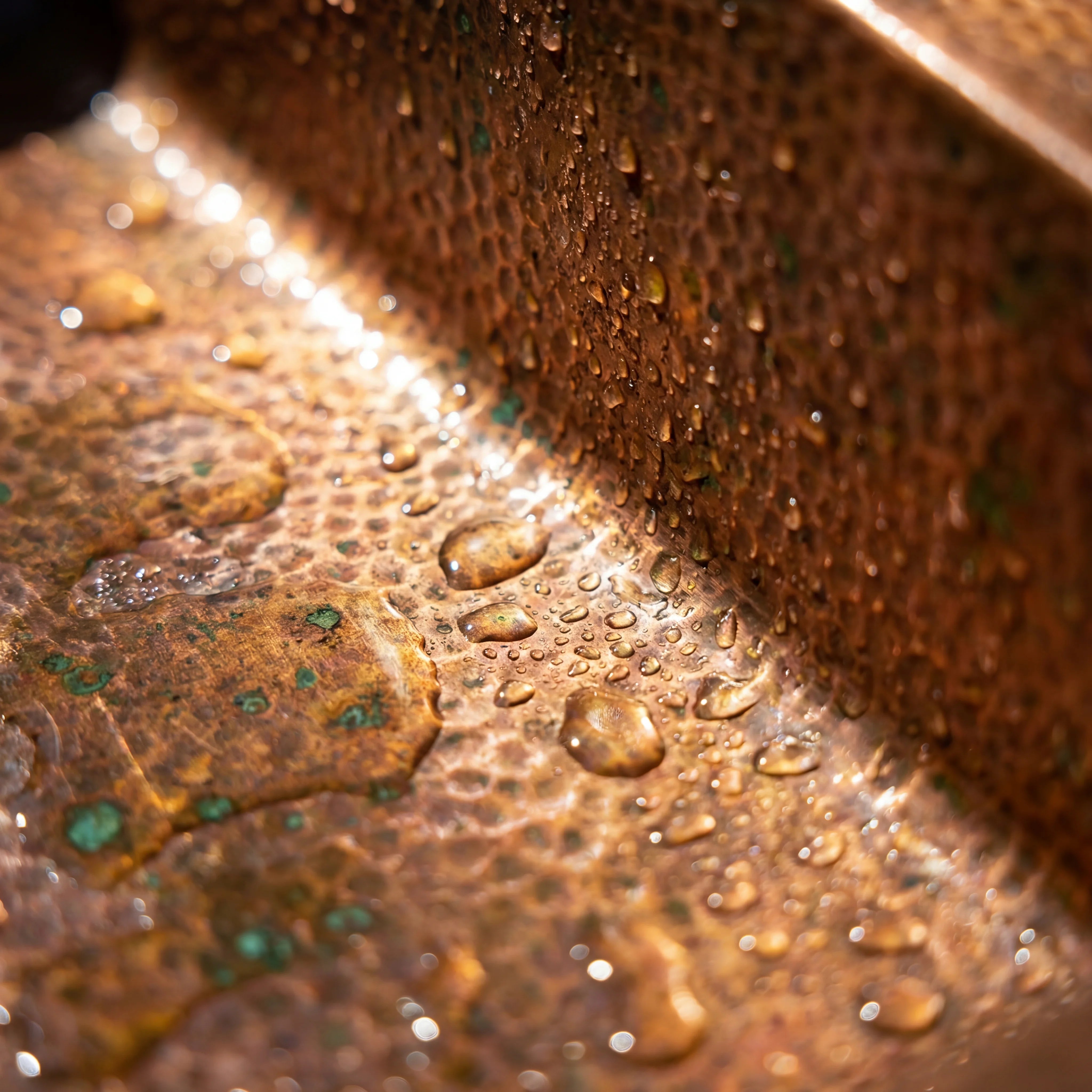 Fregadero de cocina de cobre estilo rústico con escurridor