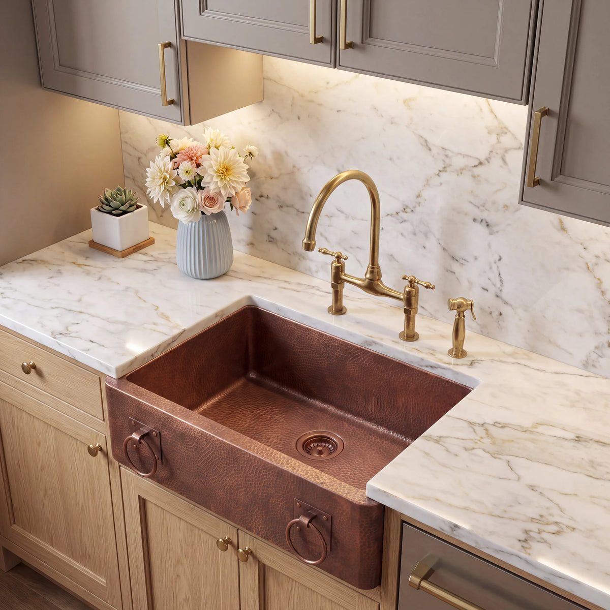 Coffer Copper Farmhouse Sink with Ring Pulls