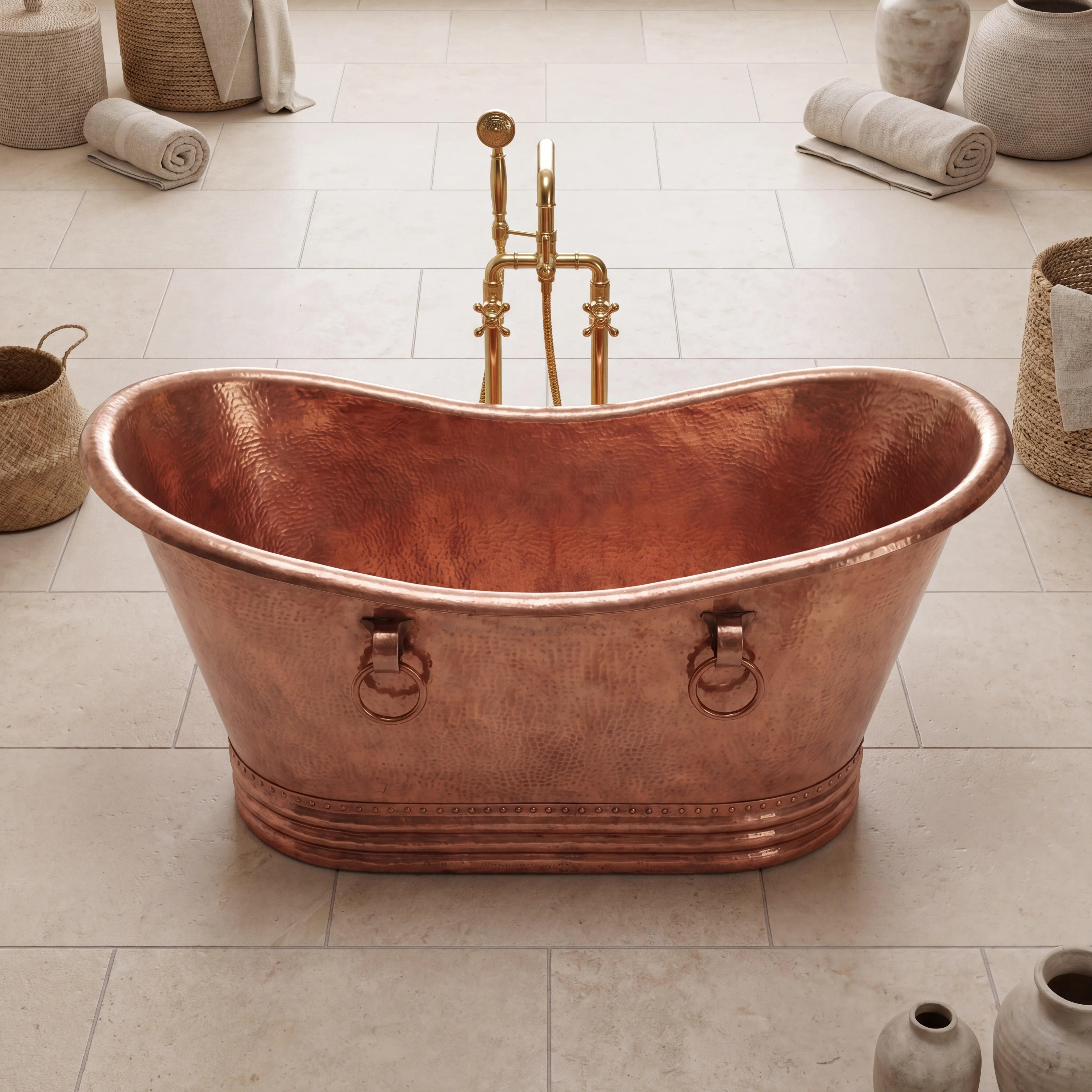 Hammered Copper Bathtub with Ring Handles