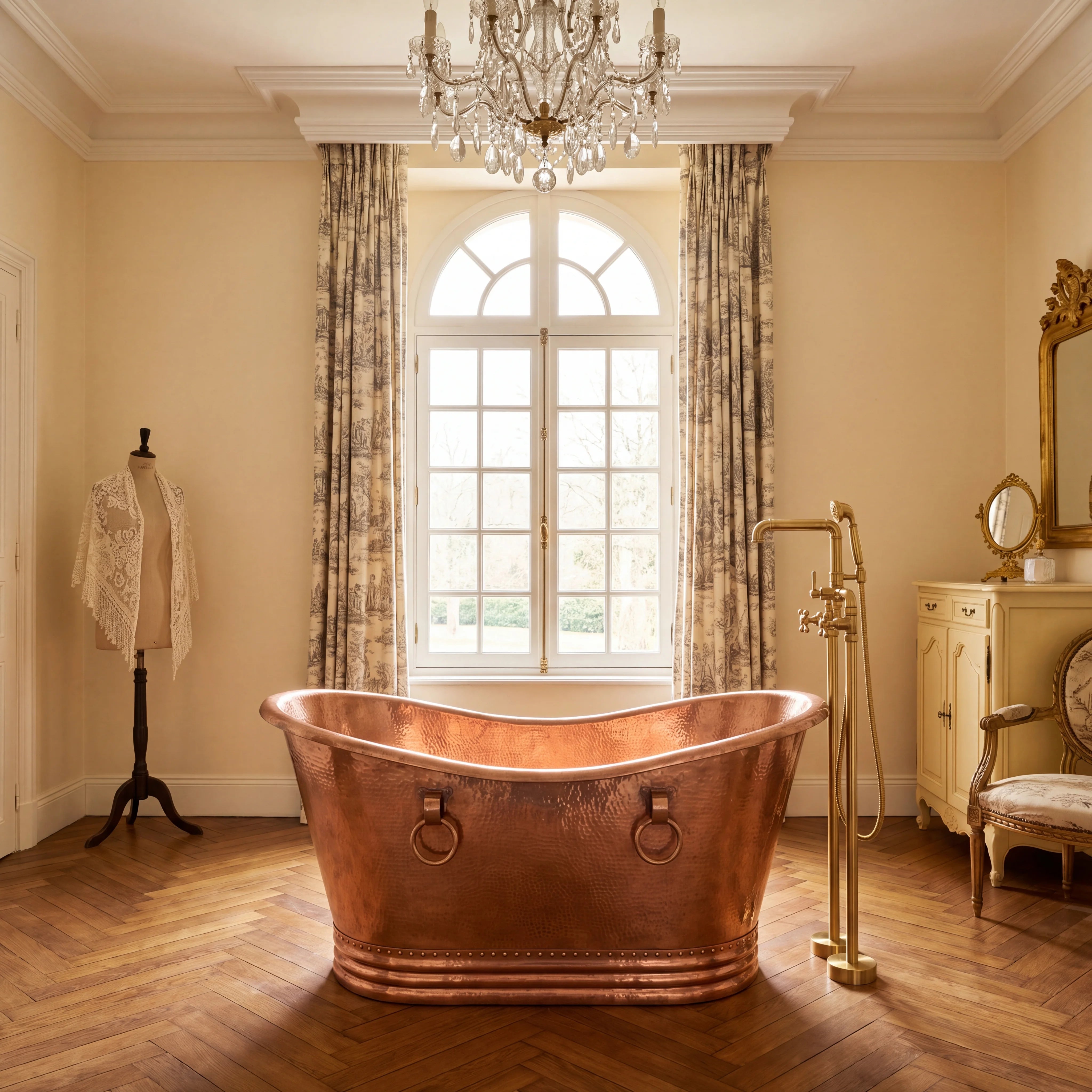 Hammered Copper Bathtub with Ring Handles