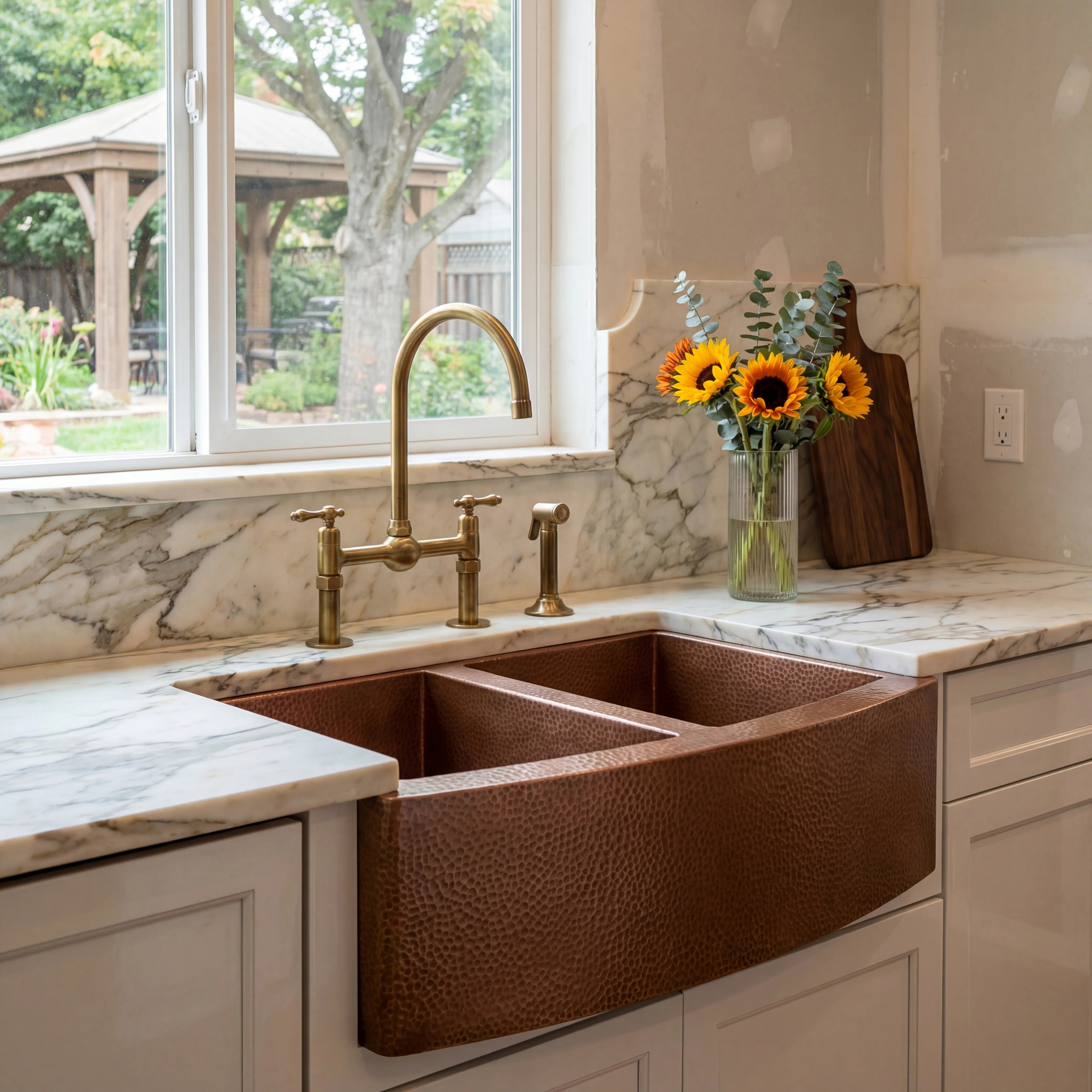 Hammered Copper Double Basin Farmhouse Kitchen Sink