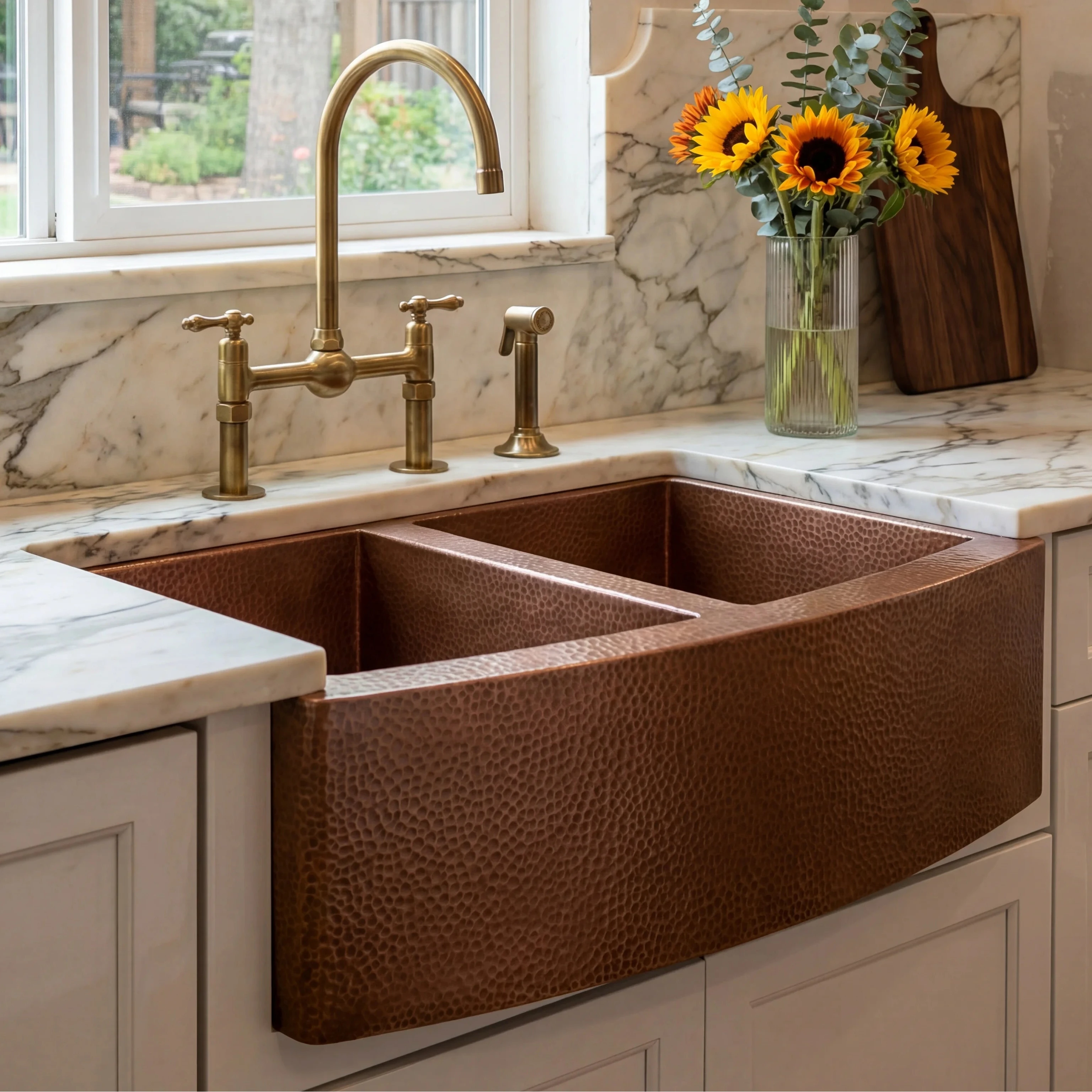 Hammered Copper Double Basin Farmhouse Kitchen Sink