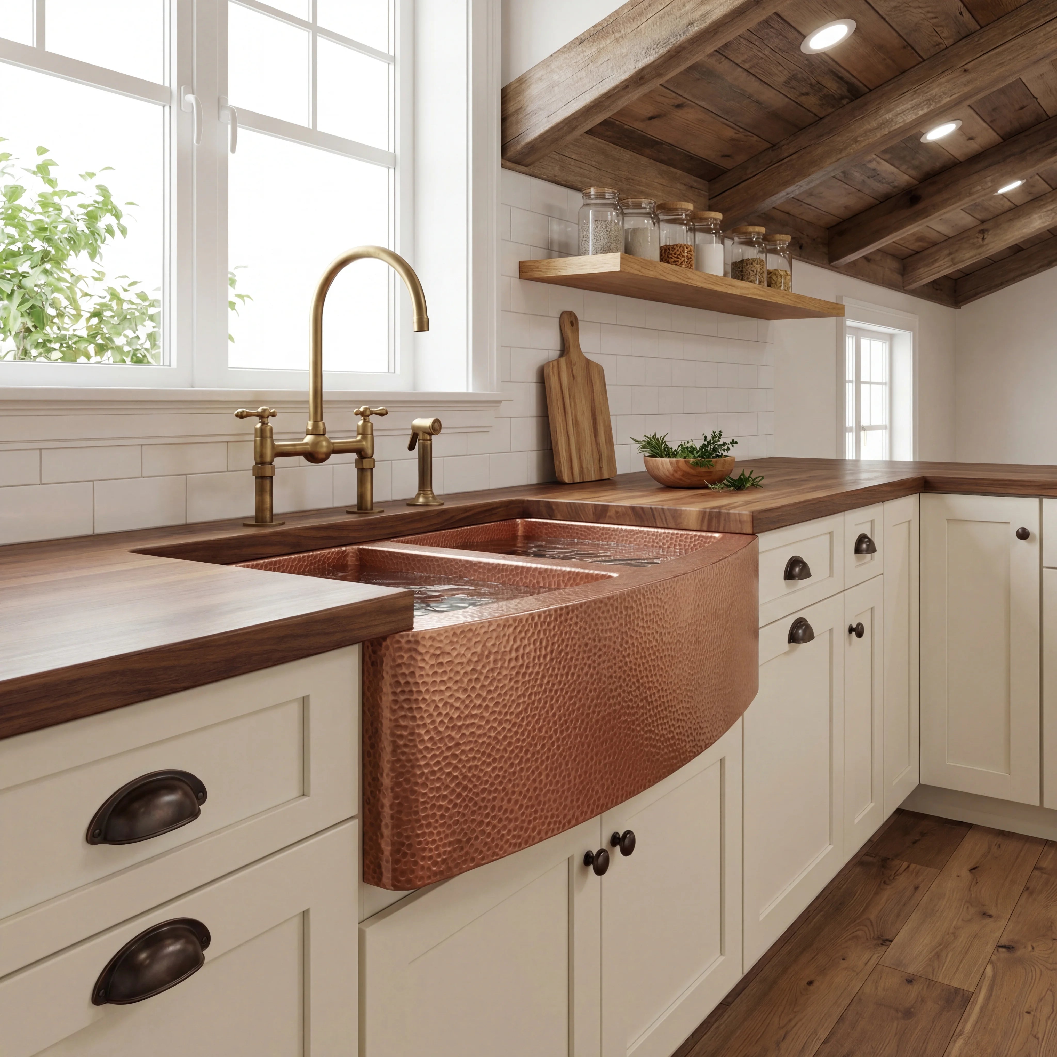Hammered Copper Double Basin Farmhouse Kitchen Sink