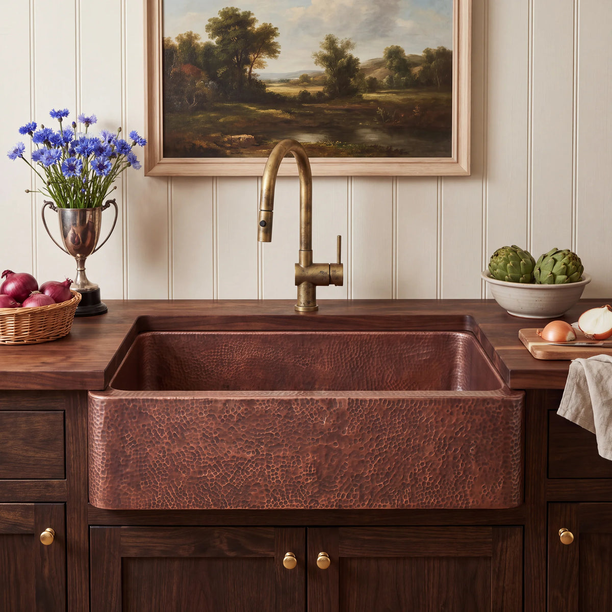 Russet Hand Hammered Copper Apron Front Sink