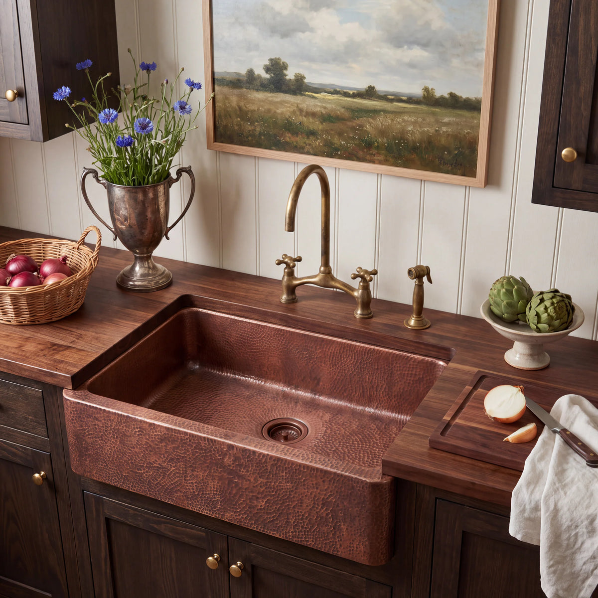Russet Hand Hammered Copper Apron Front Sink