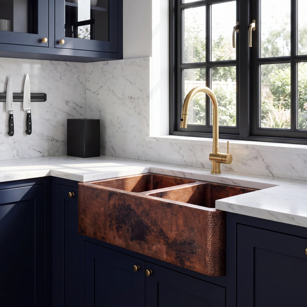 Tandem Offset Double Bowl Copper Farmhouse Sink