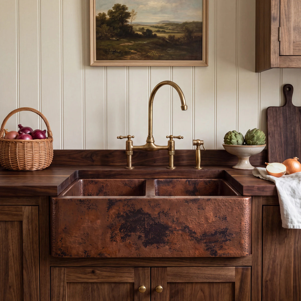 Tandem Offset Double Bowl Copper Farmhouse Sink