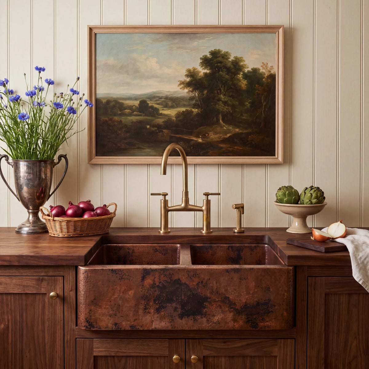 Tandem Offset Double Bowl Copper Farmhouse Sink