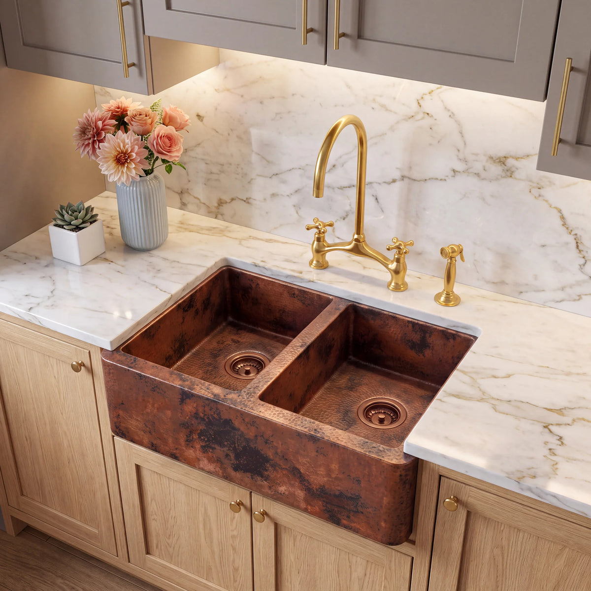 Tandem Offset Double Bowl Copper Farmhouse Sink