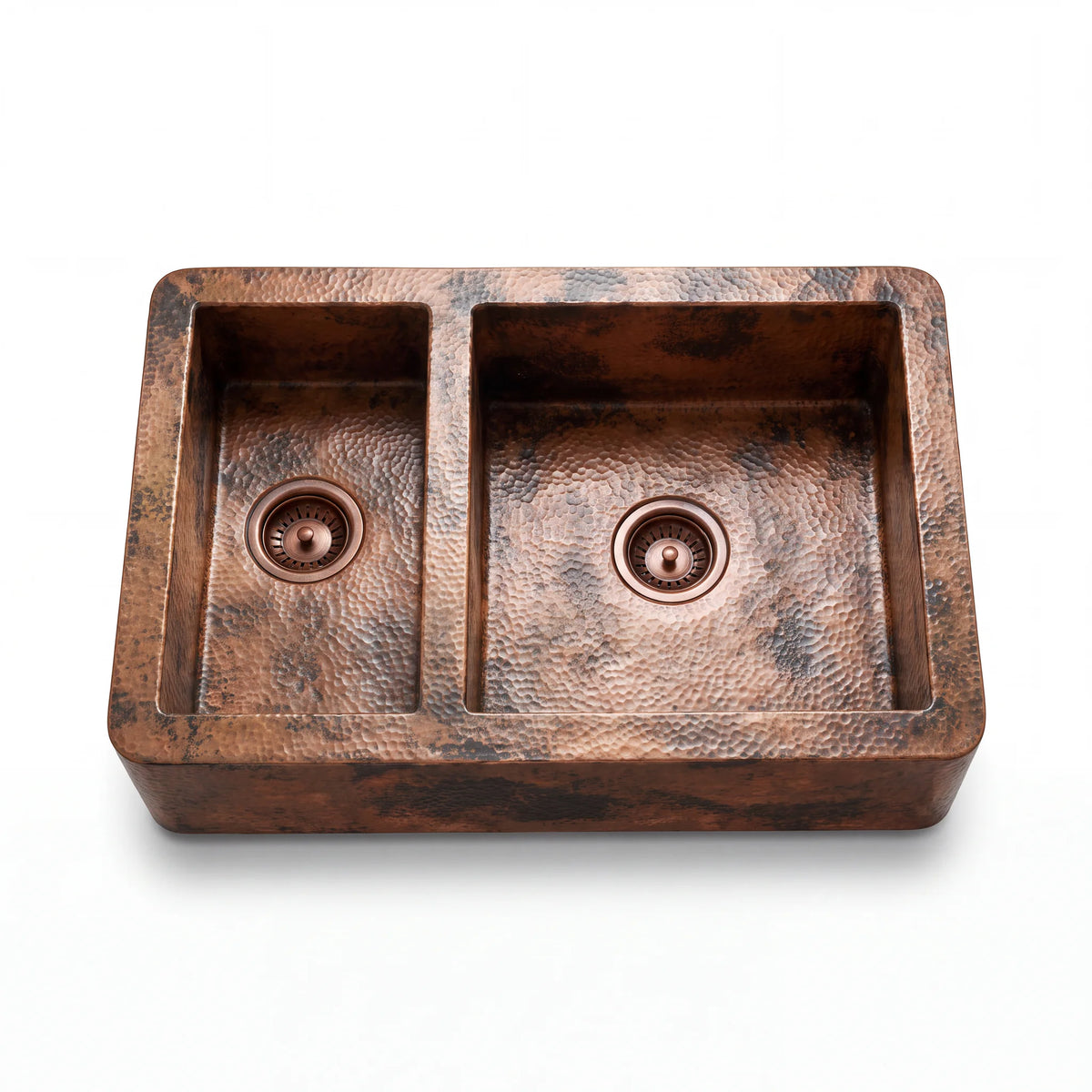 Tandem Offset Double Bowl Copper Farmhouse Sink