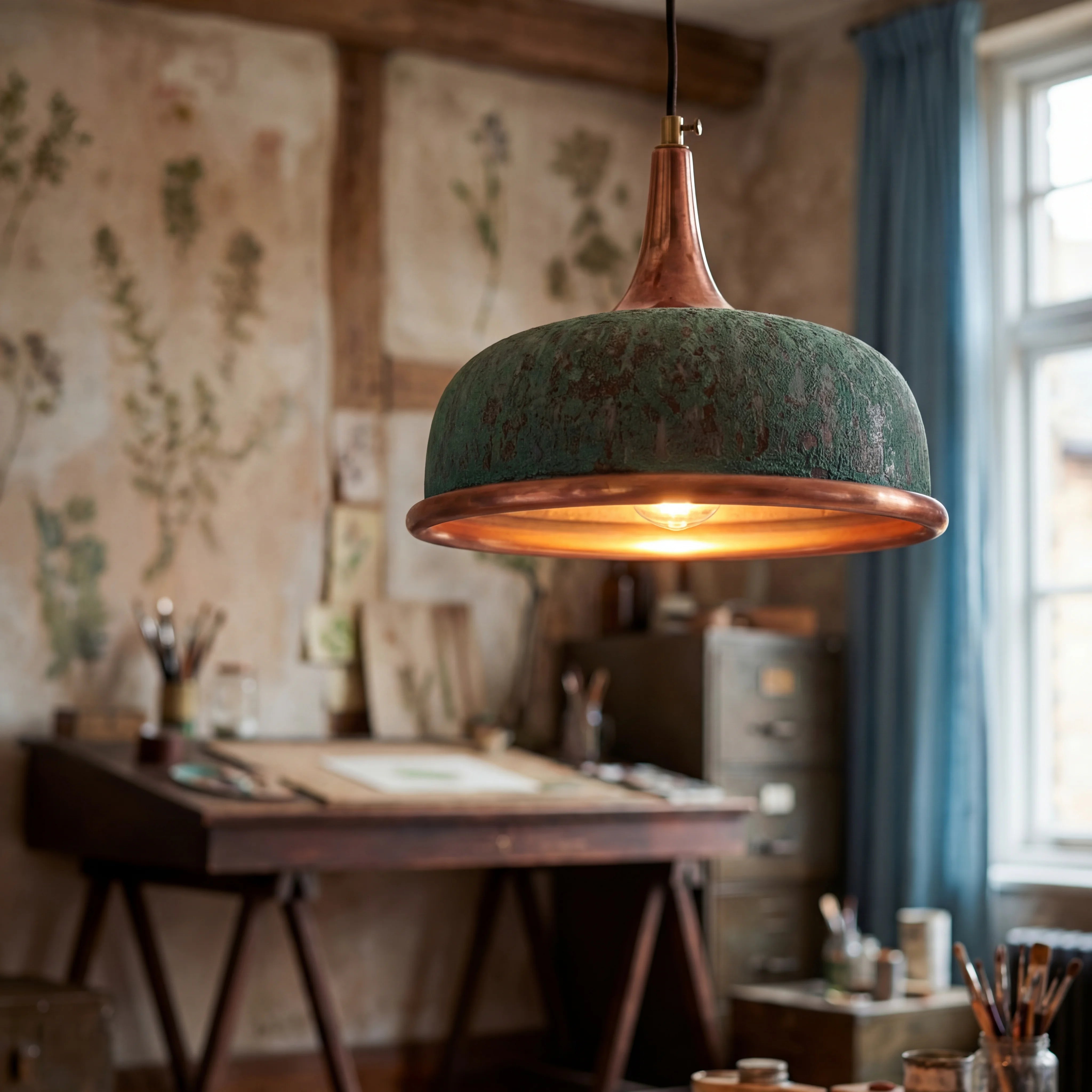 Vintage-style copper pendant light hanging in a room with a desk and window.