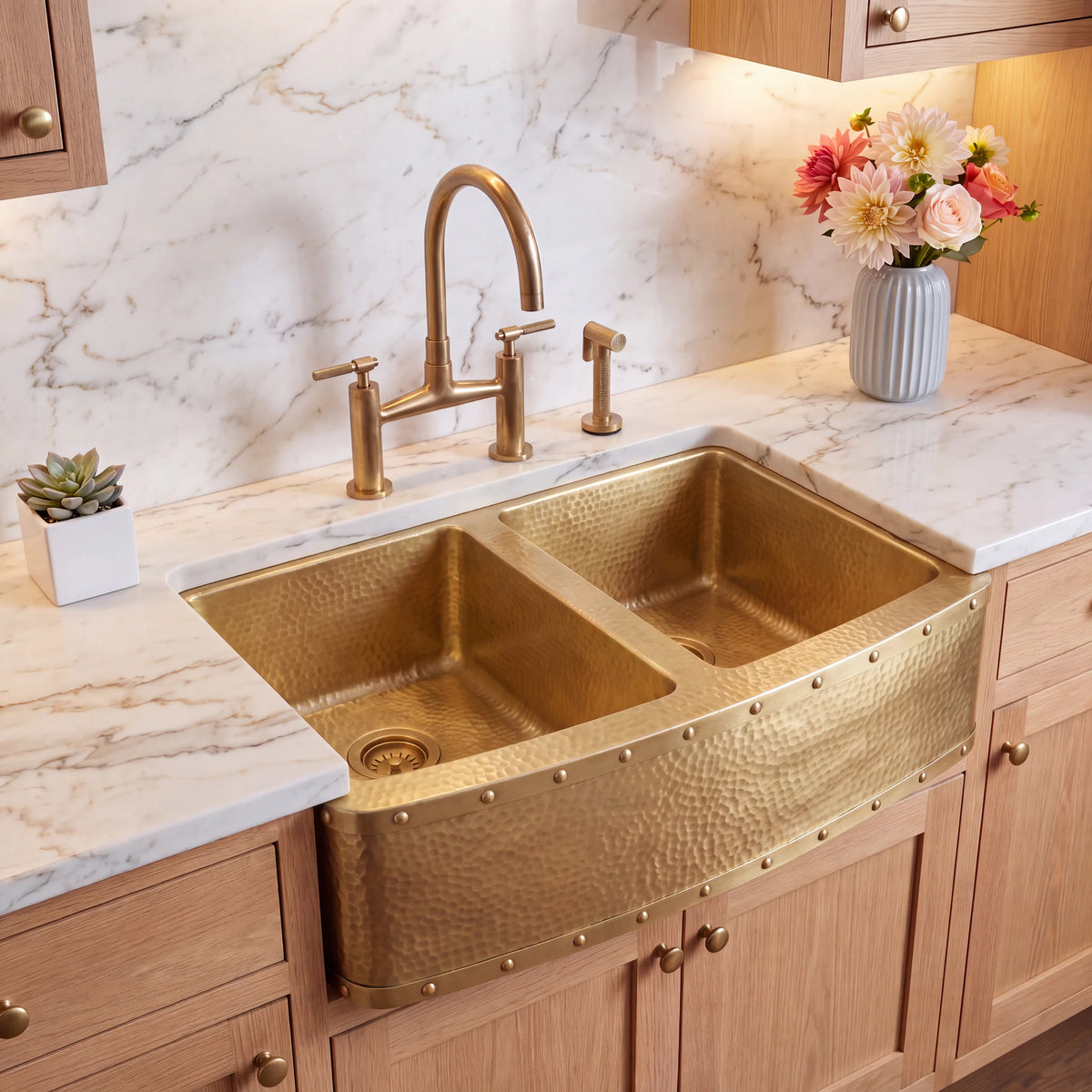Foundry Riveted Double Bowl Brass Farmhouse Sink