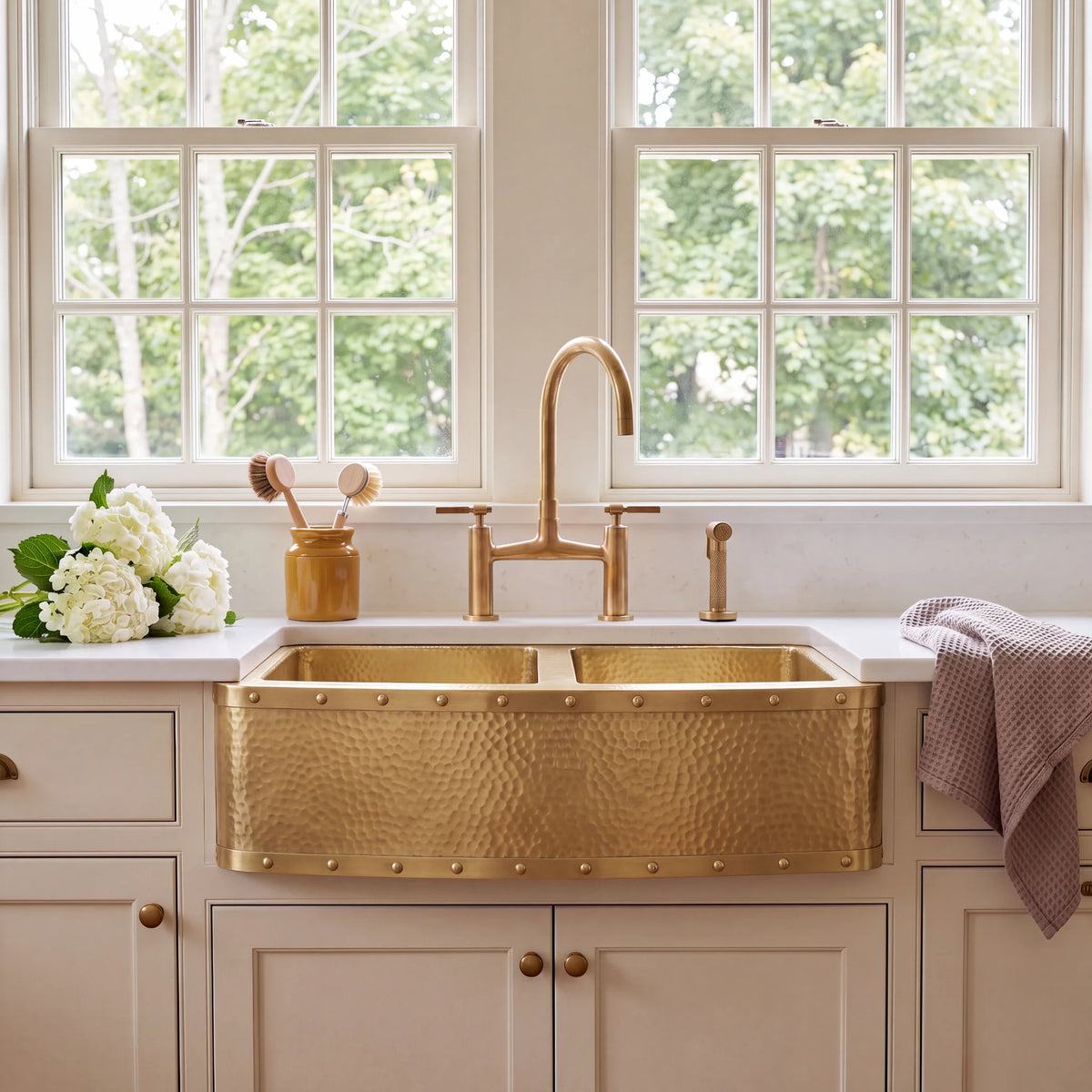 Foundry Riveted Double Bowl Brass Farmhouse Sink