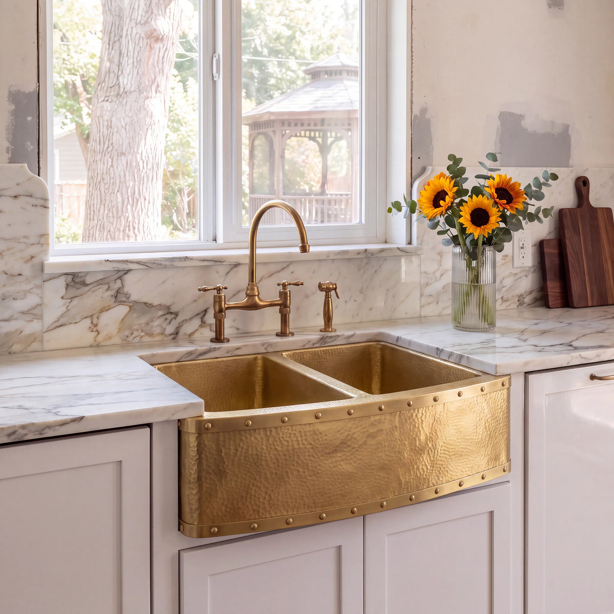 Foundry Riveted Double Bowl Brass Farmhouse Sink