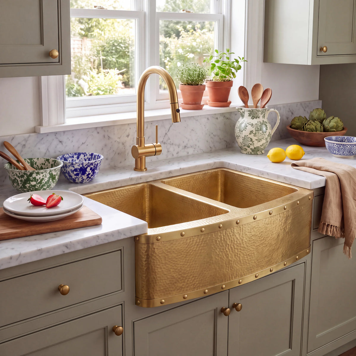 Foundry Riveted Double Bowl Brass Farmhouse Sink