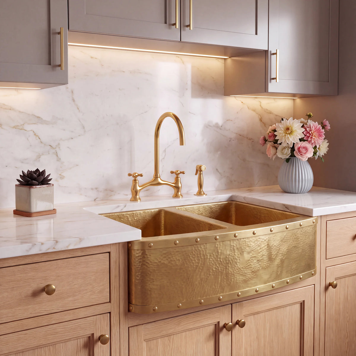 Foundry Riveted Double Bowl Brass Farmhouse Sink