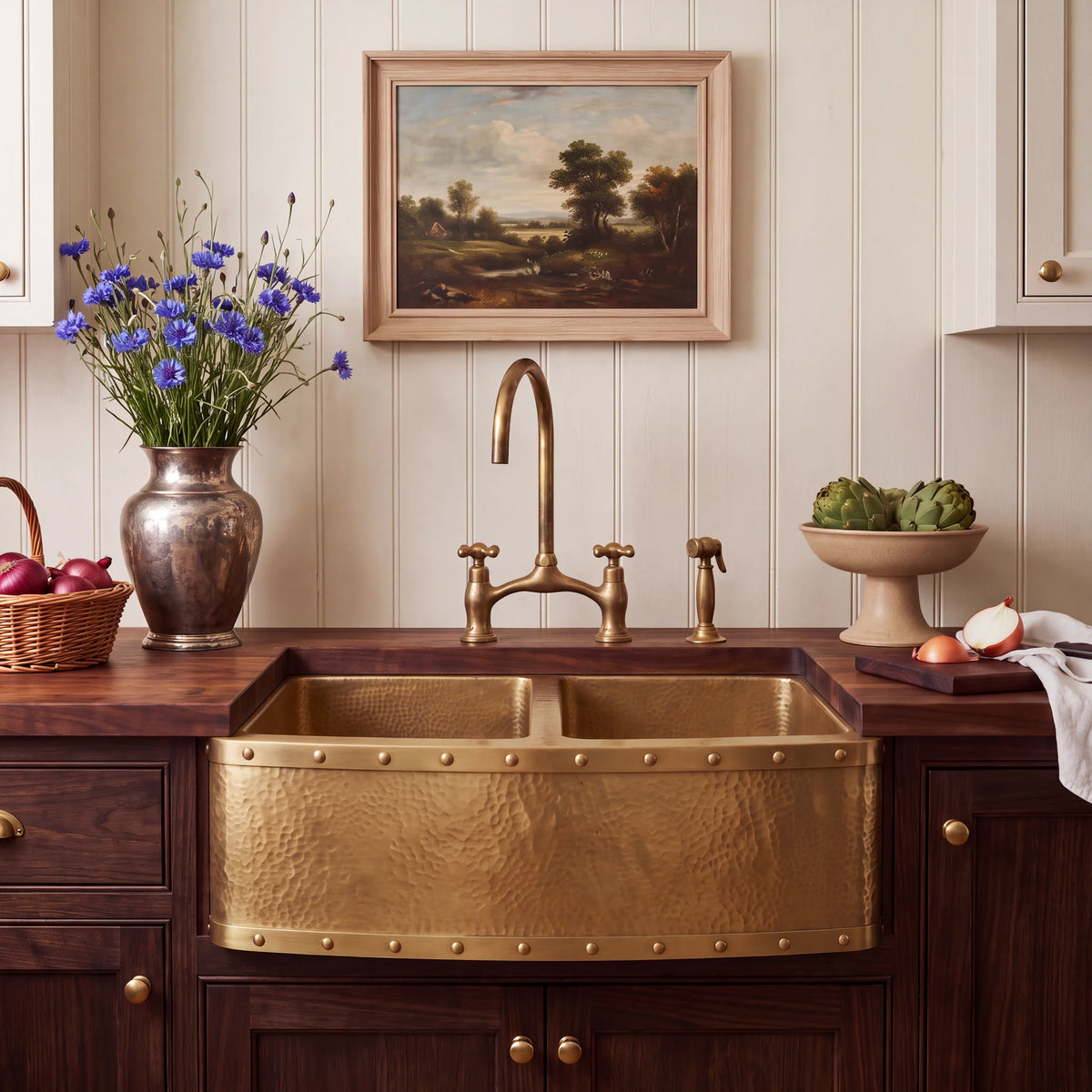 Foundry Riveted Double Bowl Brass Farmhouse Sink