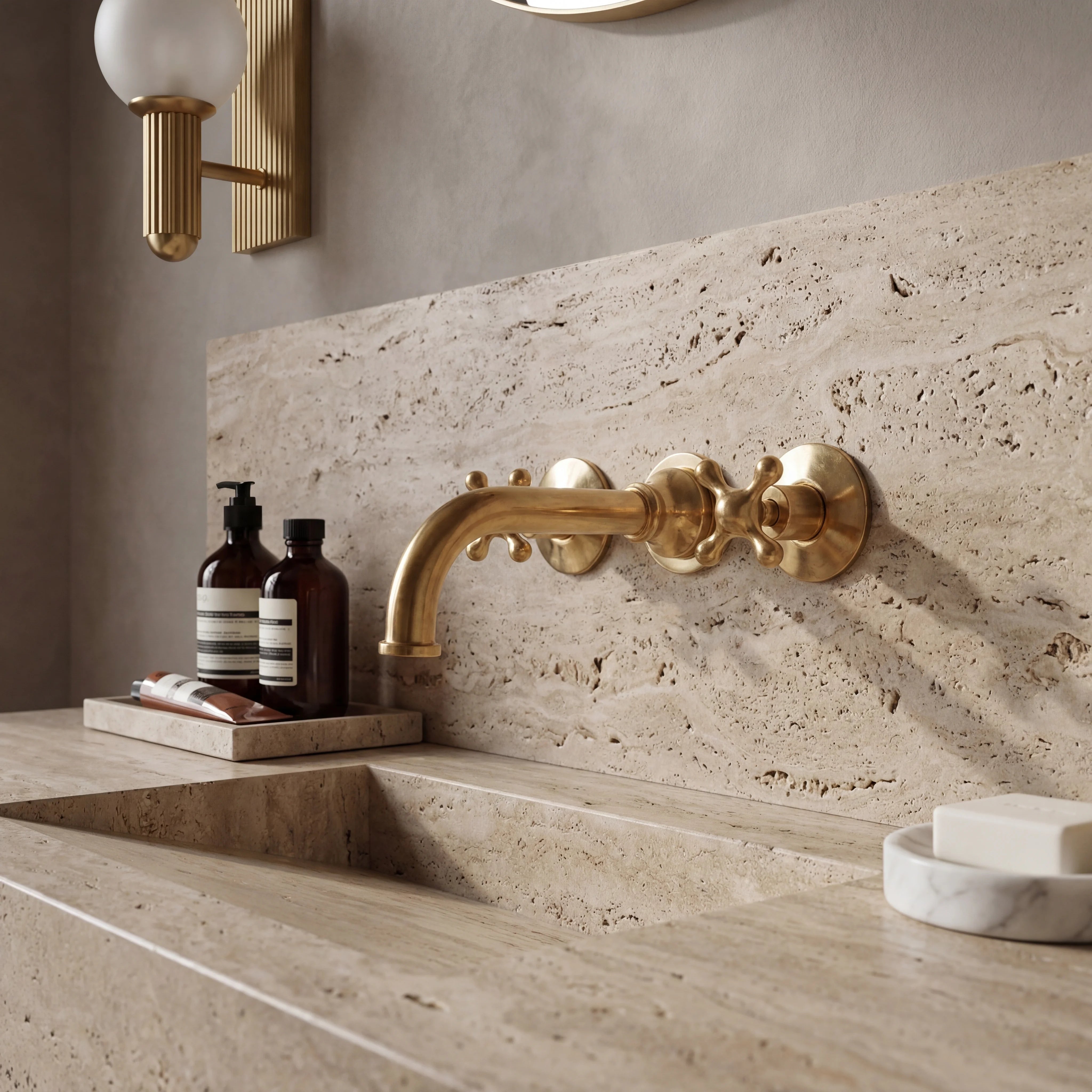 Brass Wall Mount 3-Hole Bathroom Faucet